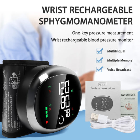 Wrist Blood Pressure Monitor –  Rechargeable LCD Sphygmomanometer