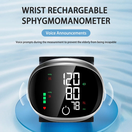 Wrist Blood Pressure Monitor –  Rechargeable LCD Sphygmomanometer